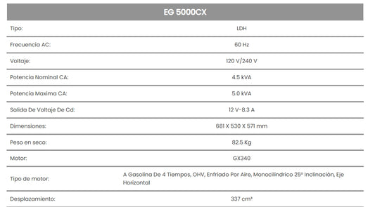 Generador EG5000CX 11HP 120/240V 12VDC Honda LDHC 337cc