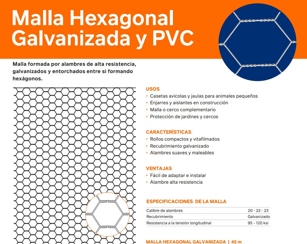 Malla Hexagonal Galvanizada, 1.50 Metros de Altura, 45 Metros de Largo, Calibre 22, Abertura de 50 mm, Acero Galvanizado, Color Gris, para Cercados, Corrales, Jaulas, Proyectos Agrícolas