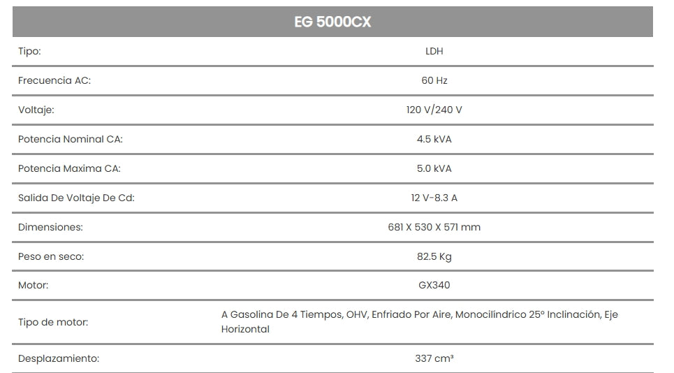 Generador EG5000CX 11HP 120/240V 12VDC Honda LDHC 337cc