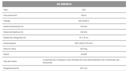 Generador EG5000CX 11HP 120/240V 12VDC Honda LDHC 337cc