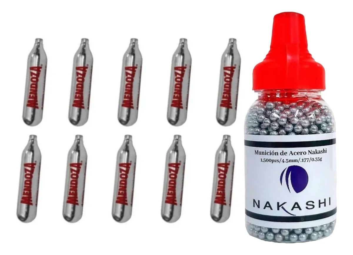 Kit Mendoza Con 10 Tanques Co2 Para Pistola Y 1500 Balines